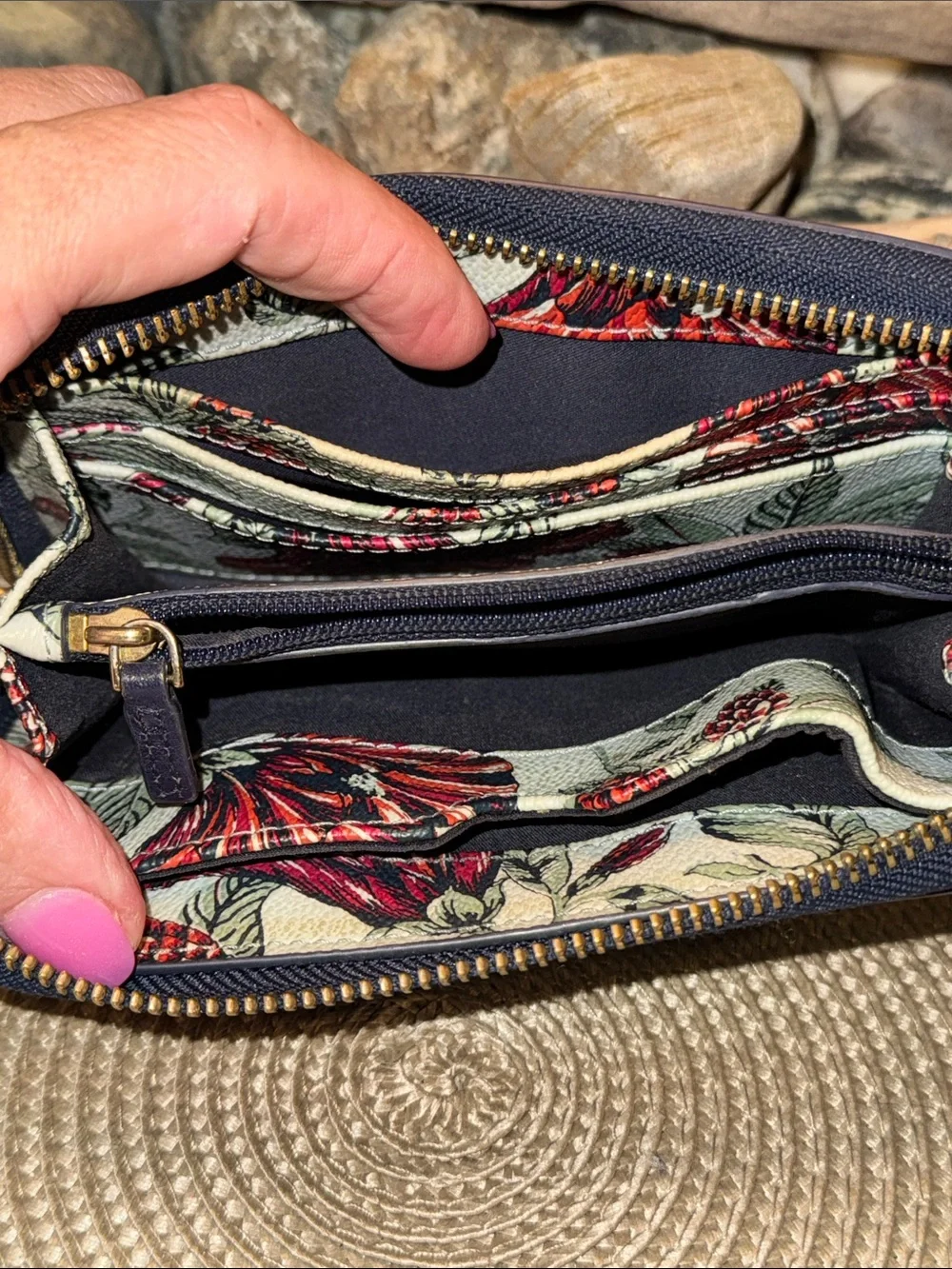 Tory Burch Cream Floral Zip Wristlet with Red Accents